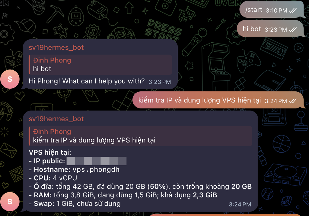 Chat riêng với bot Hermes AI sau khi kết nối Hermes với Telegram thành công