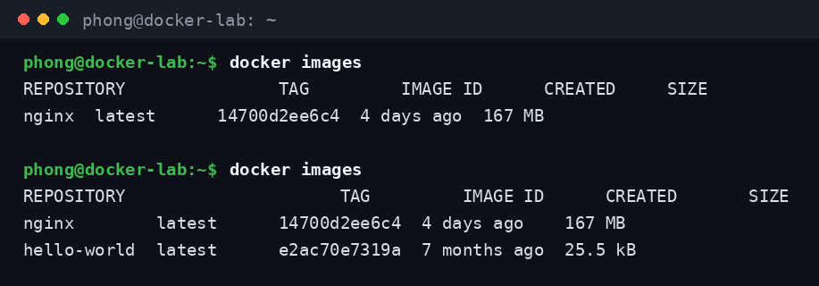 Danh sách image trước và sau khi tải hello-world khi thực hành các lệnh Docker cơ bản