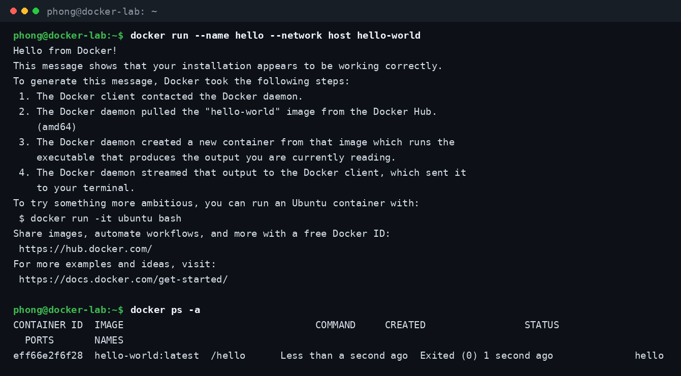 Chạy container đầu tiên bằng lệnh docker run hello-world và xem trạng thái bằng docker ps -a