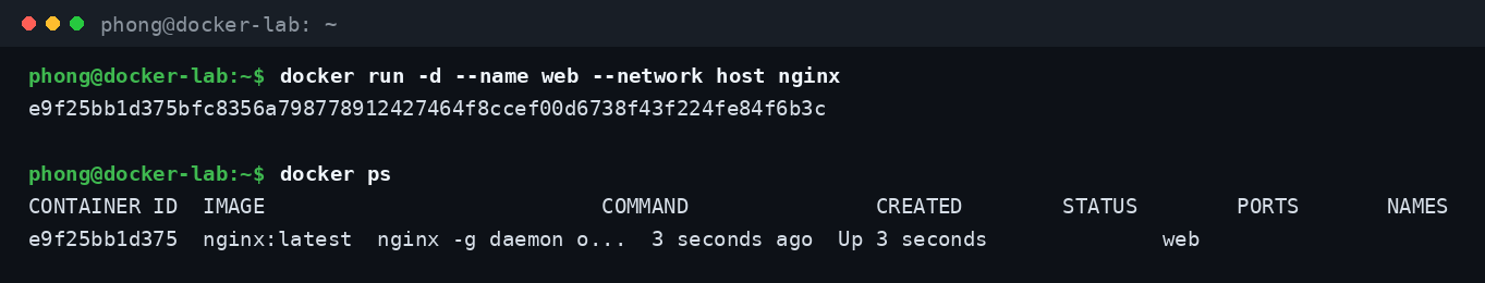 Chạy container nginx ở chế độ nền bằng docker run -d và kiểm tra bằng docker ps
