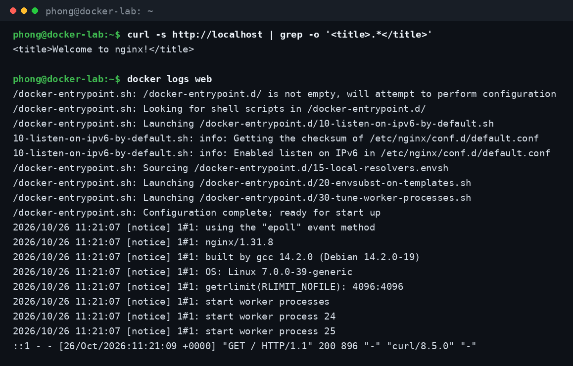 Kiểm tra web server nginx bằng curl và xem log truy cập bằng lệnh docker logs