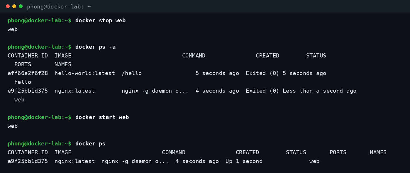 Dừng container bằng docker stop, xem trạng thái Exited và bật lại bằng docker start