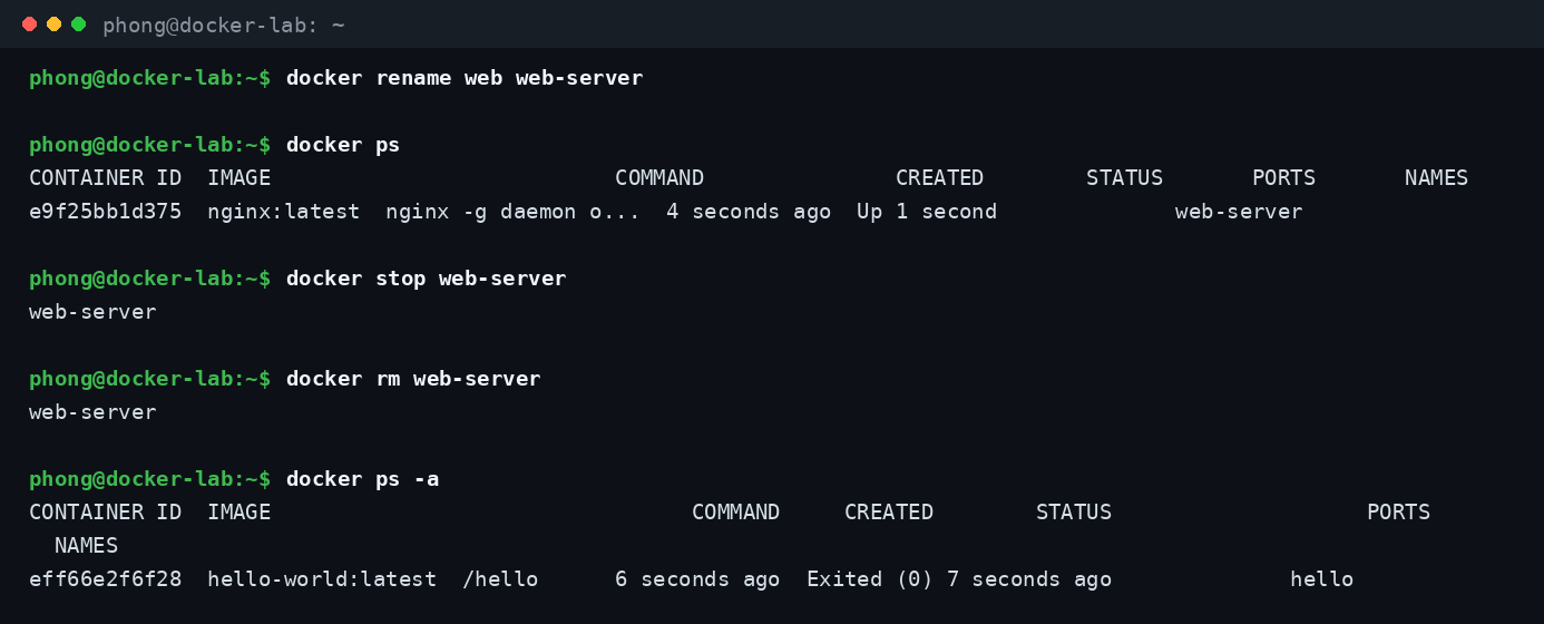 Đổi tên container bằng docker rename và xóa container bằng docker rm
