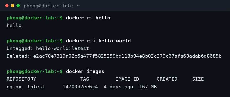 Xóa nốt container đã dừng và xóa image bằng docker rmi, kiểm tra lại bằng docker images