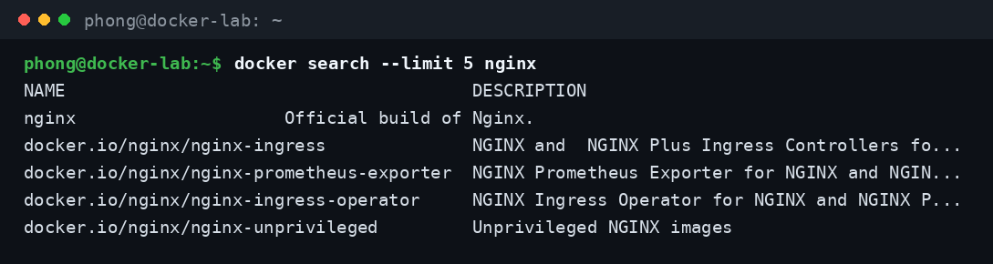 Tìm hiểu Docker Hub là gì và cách tìm image trên Docker Hub bằng lệnh docker search nginx ngay trong terminal