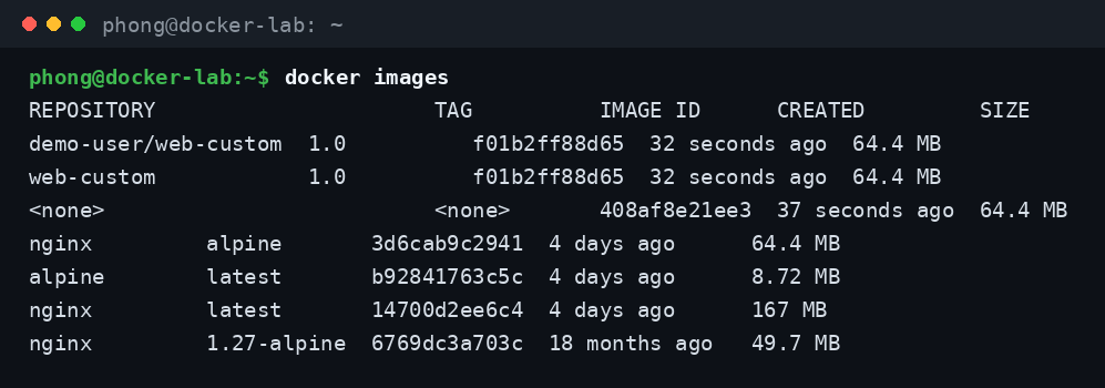 Hai tên image web-custom và demo-user/web-custom cùng trỏ về một IMAGE ID sau khi gắn tag