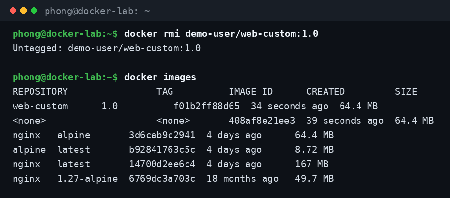 Xóa một tag bằng docker rmi, image gốc vẫn còn nguyên trong danh sách