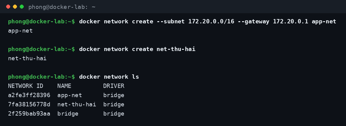 Tạo Docker Network riêng bằng docker network create với subnet và gateway tùy chỉnh