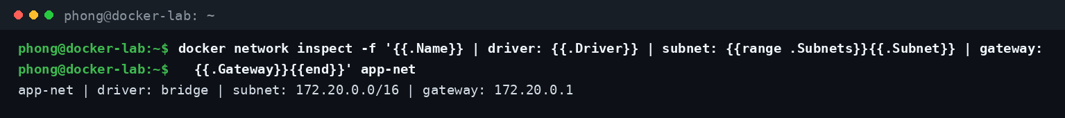 Xem chi tiết một Docker Network bằng docker network inspect, đọc driver, subnet và gateway