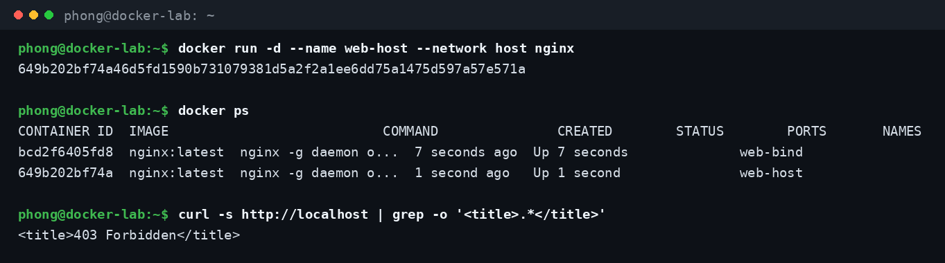Chạy container ở chế độ Host của Docker Network, dùng chung mạng với máy chủ