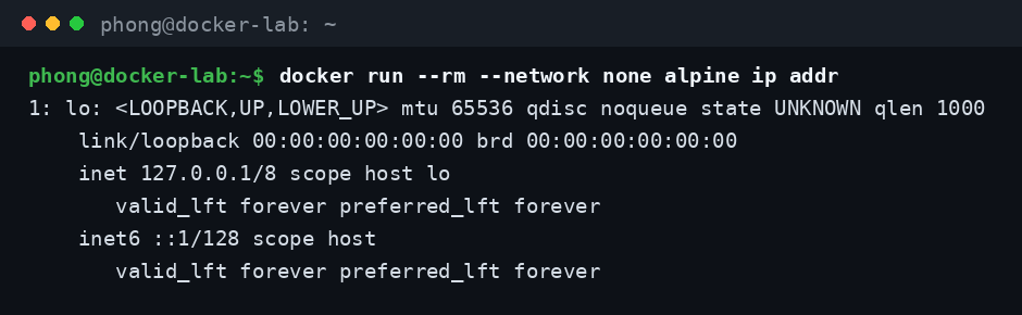 Container ở chế độ None của Docker Network chỉ còn giao diện loopback khi kiểm tra bằng ip addr