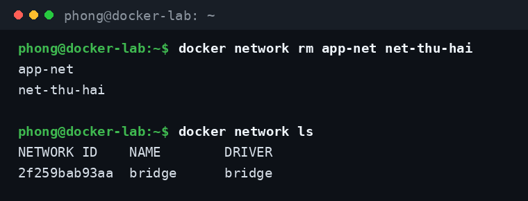 Xóa Docker Network tự tạo bằng docker network rm và kiểm tra lại danh sách