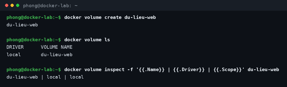 Tìm hiểu Docker Volume là gì: tạo volume bằng docker volume create và kiểm tra bằng volume ls, volume inspect