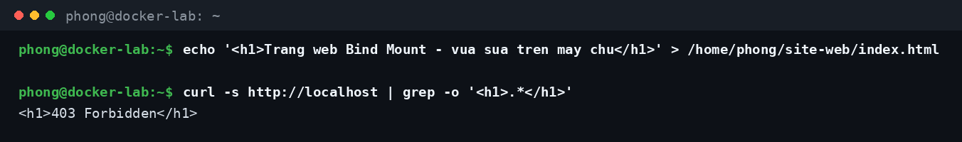 Sửa file index.html ngay trên máy chủ và nội dung web thay đổi lập tức nhờ Bind Mount