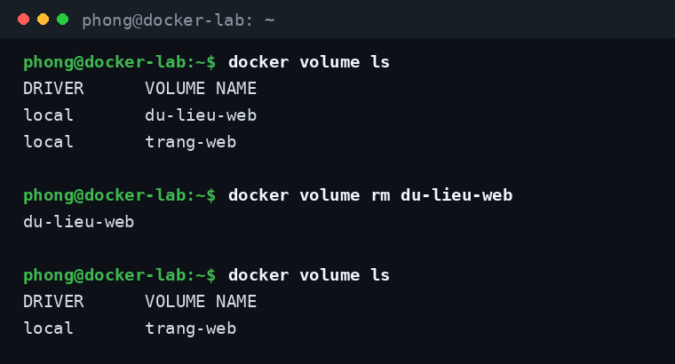 Liệt kê các Docker Volume đang có và xóa volume không còn dùng bằng docker volume rm