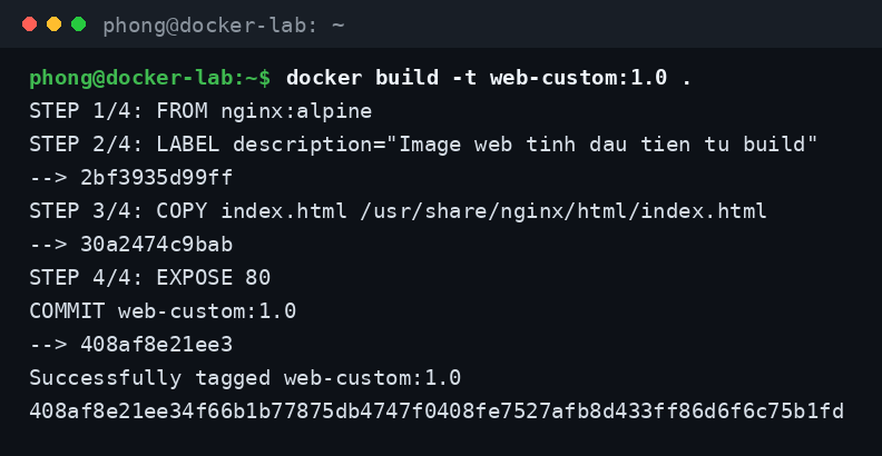 Quá trình docker build chạy từng bước STEP theo các chỉ thị trong Dockerfile