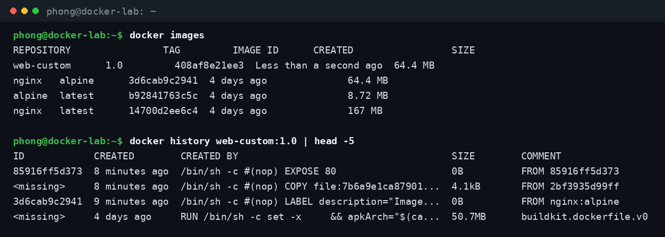 Tìm hiểu Dockerfile là gì qua kiểm tra image vừa build bằng docker images và docker history