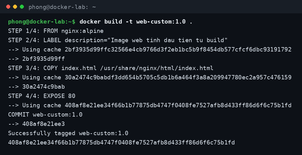 Build lại Dockerfile khi chưa sửa gì, Docker dùng lại cache cho mọi bước