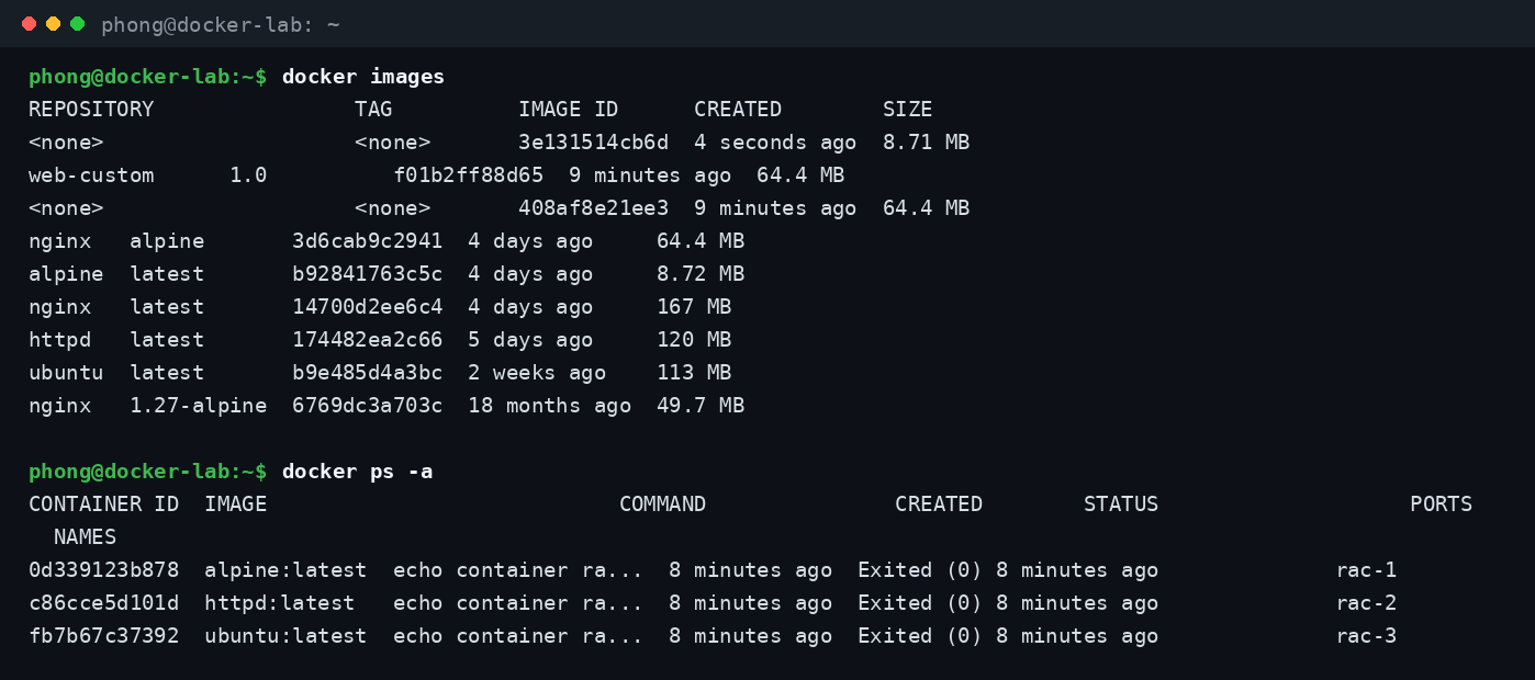 Hiện trạng image và container rác tích tụ trên máy trước khi dọn dẹp Docker