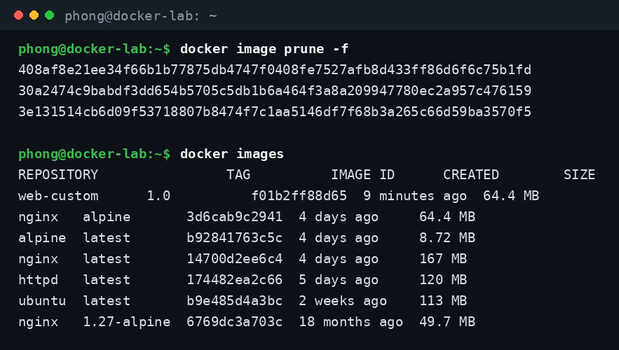 Xóa image dangling không còn tag nào trỏ tới bằng docker image prune