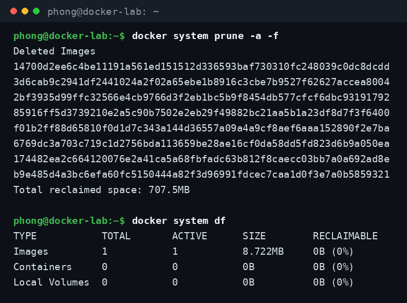 Dọn dẹp Docker toàn bộ bằng docker system prune và kiểm tra lại dung lượng đã giải phóng
