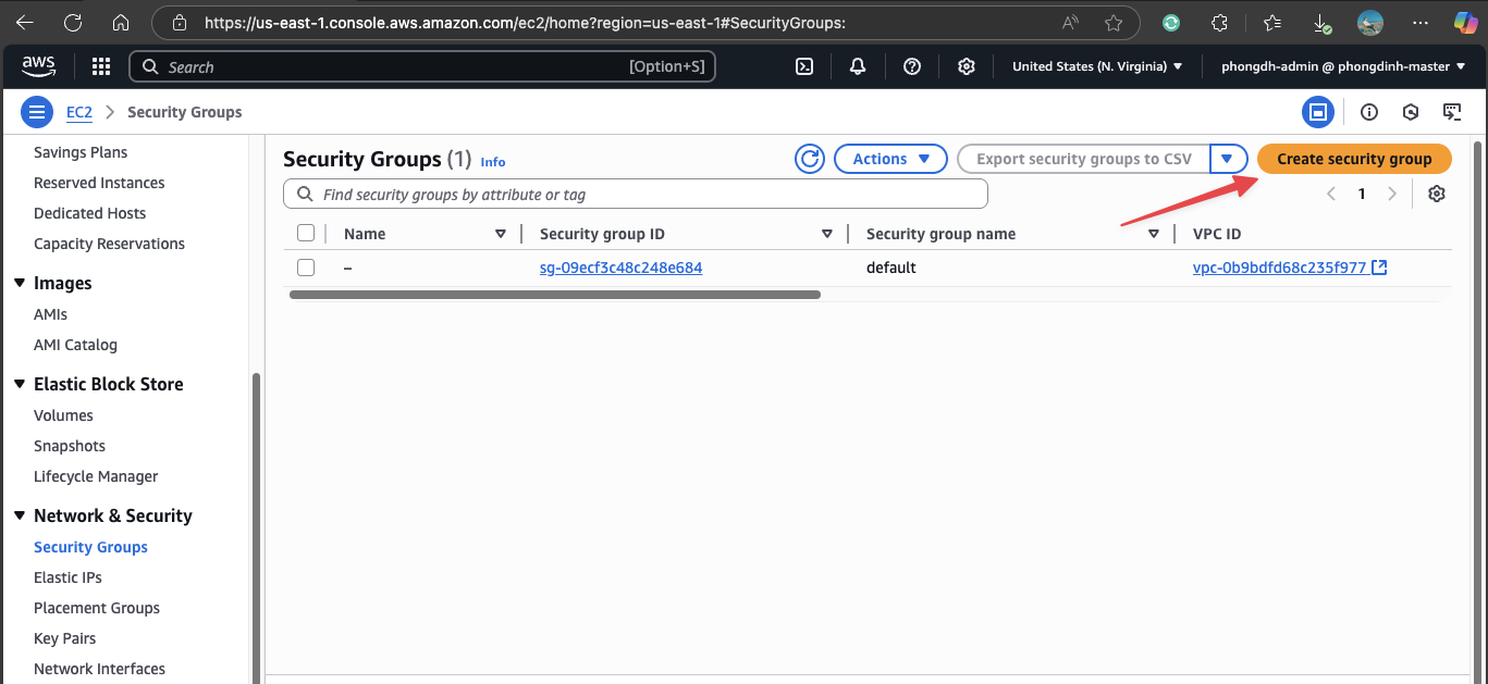 Nút Create security group trong EC2 Console