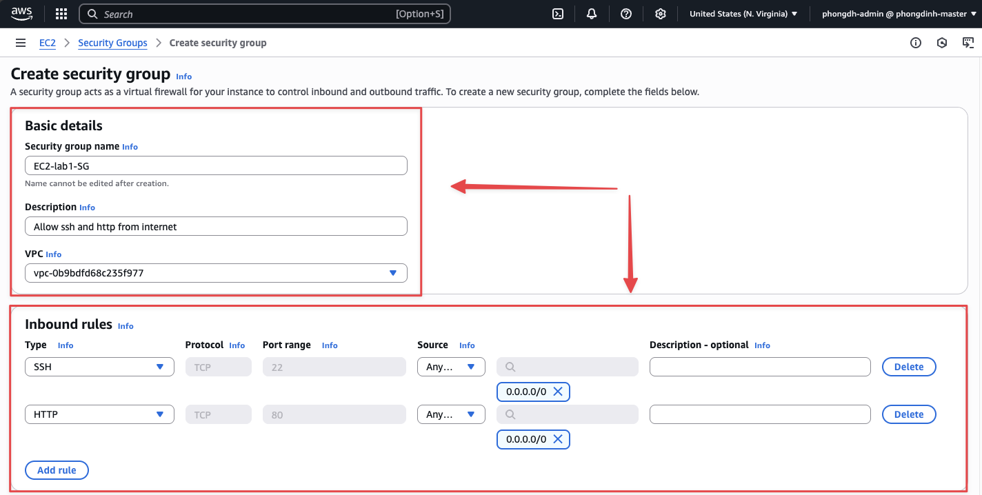 Điền thông tin Security Group EC2-lab1-phongdinh-info và Inbound rules
