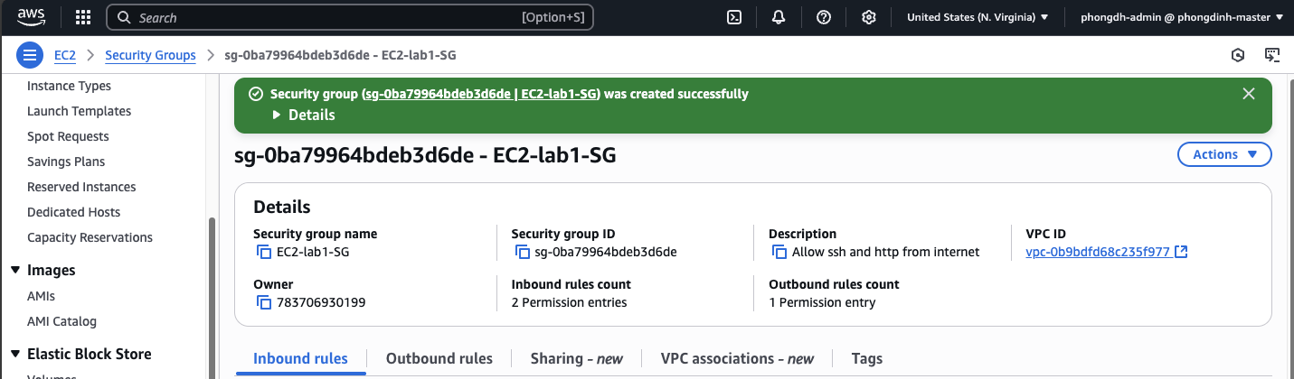 Tạo Security Group thành công trong EC2 Console