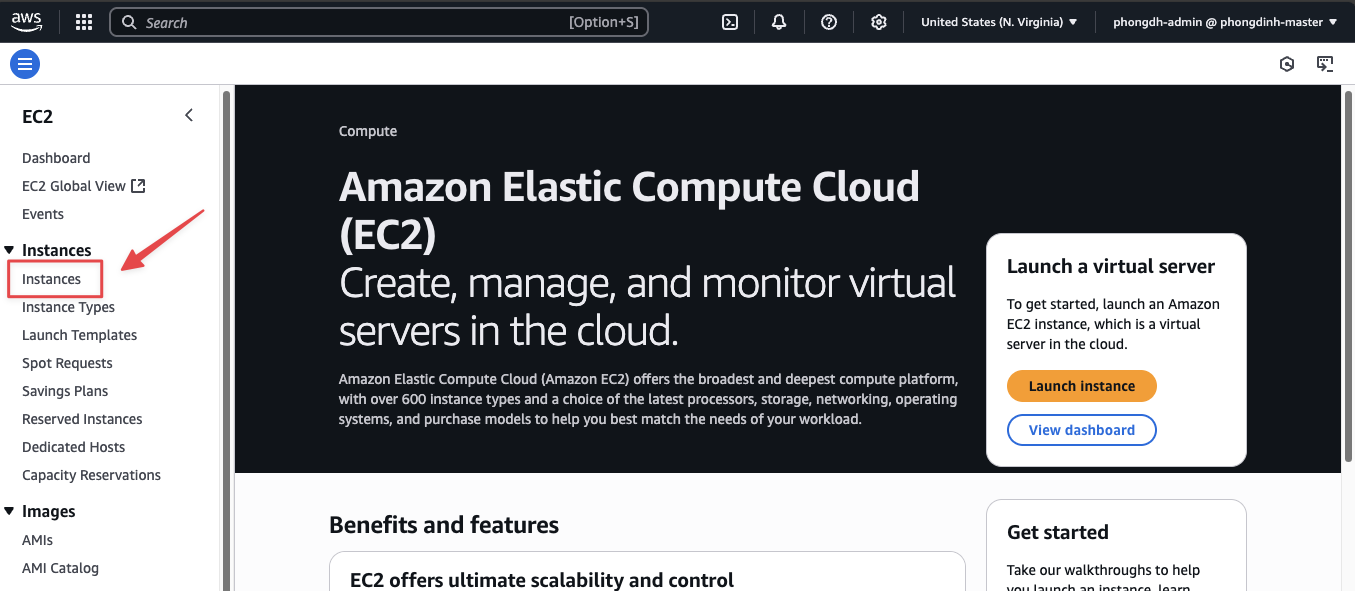 Menu Instances trong EC2 Console để tạo EC2 Instance trên AWS