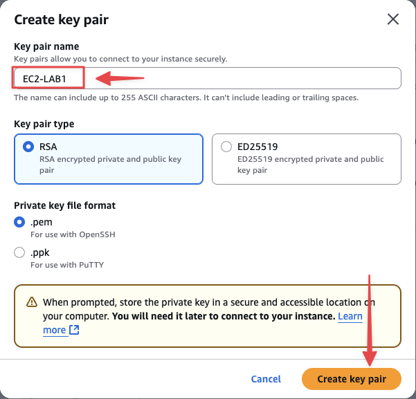 Đặt tên key pair EC2-Lab1 và tải file pem về máy