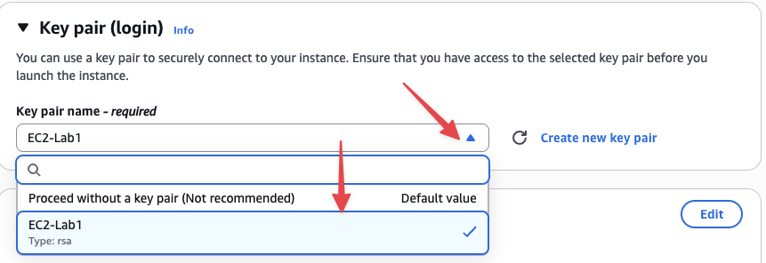 Chọn key pair EC2-Lab1 cho EC2 instance