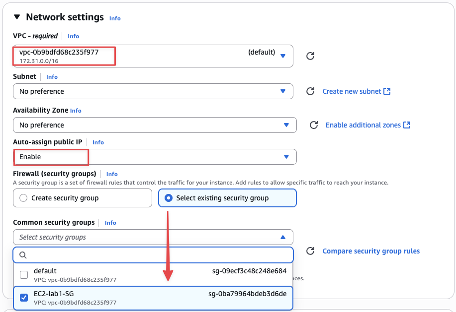 Chọn Security Group đã tạo cho EC2 instance