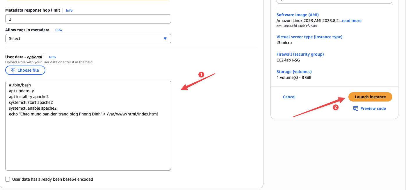Nút Launch instance để bắt đầu tạo EC2