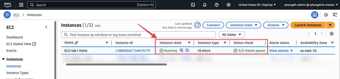 EC2 instance đã running hoàn toàn trong EC2 Console