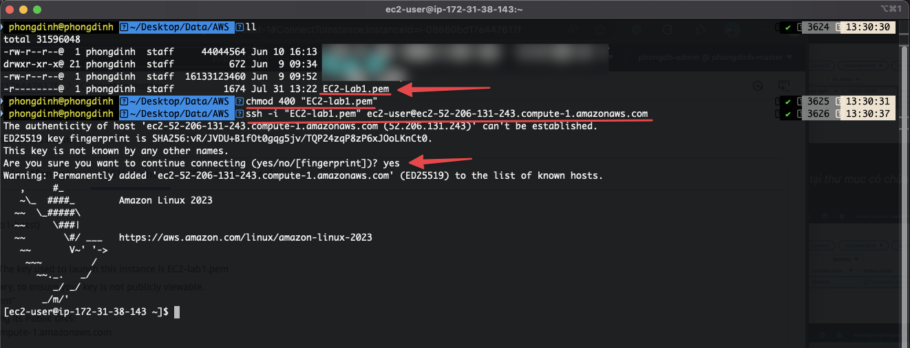 Chạy lệnh chmod và SSH vào EC2 từ terminal máy cá nhân