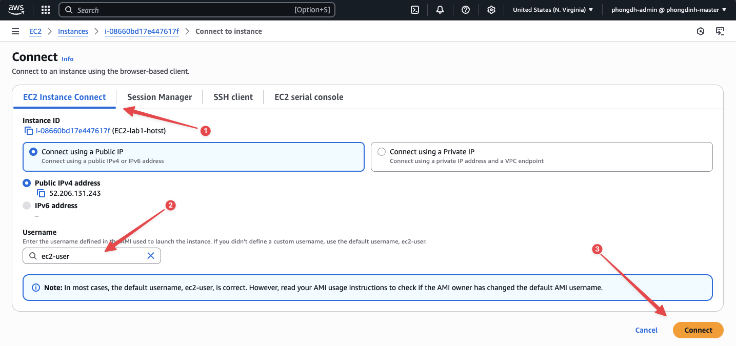 Màn hình EC2 Instance Connect, kiểm tra username trước khi kết nối