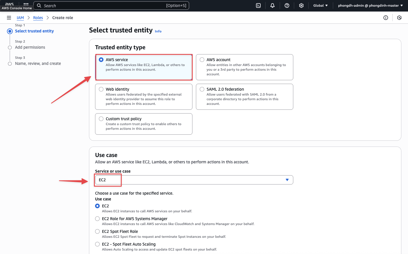 Chọn EC2 làm trusted entity cho IAM Role