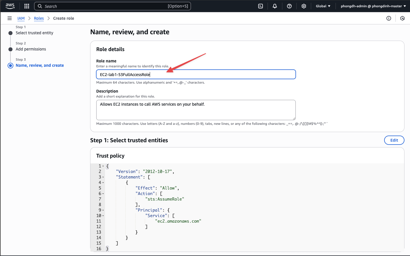 Đặt tên IAM Role EC2-lab1-S3FullAccessRole và nhấn Create role