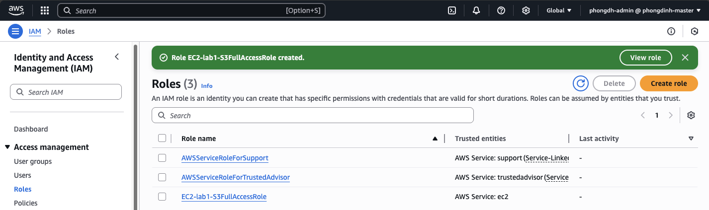 Tạo IAM Role EC2-lab1-S3FullAccessRole thành công