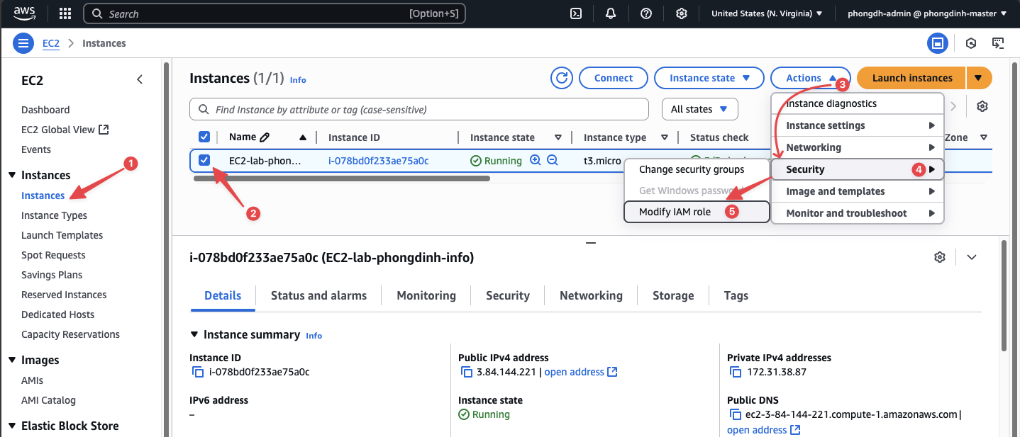 Mở mục Modify IAM role từ EC2 Console để gắn role vào instance