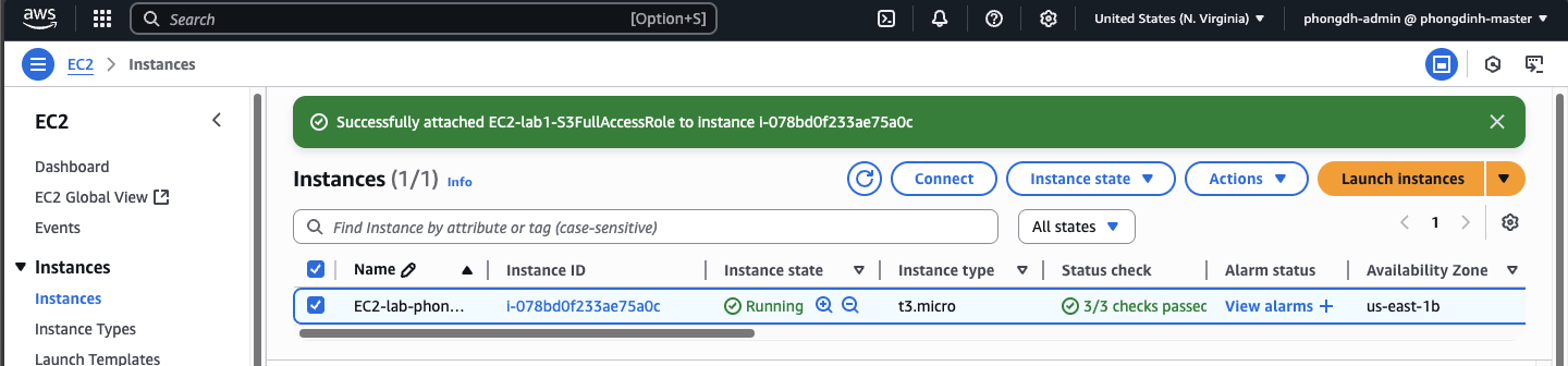 Gắn IAM Role vào EC2 instance thành công