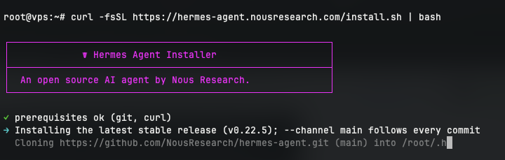 Chạy lệnh cài đặt Hermes AI Agent tự động qua script chính thức của Nous Research