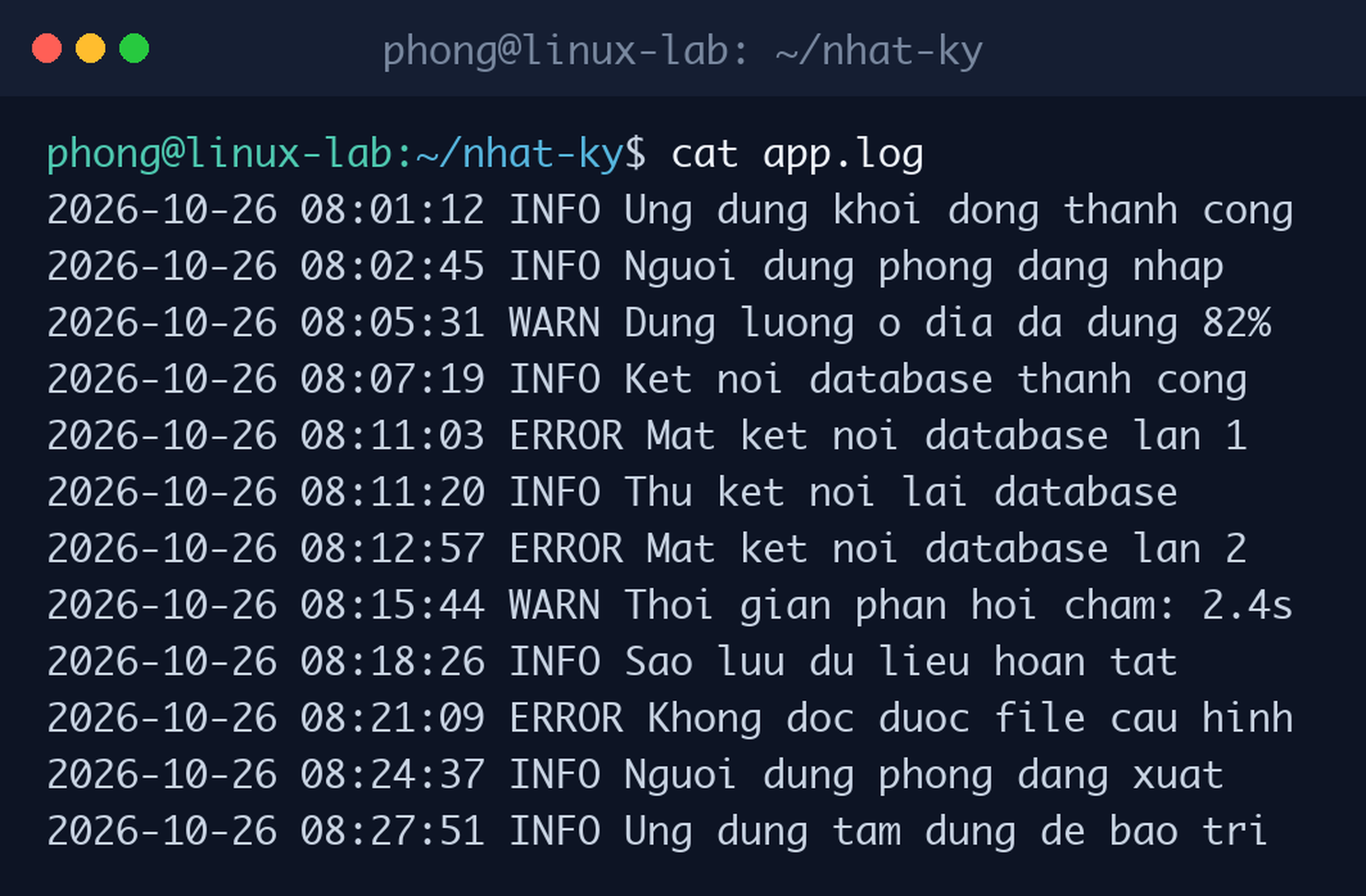 Xem toàn bộ nội dung file log mẫu bằng lệnh cat trong terminal Ubuntu
