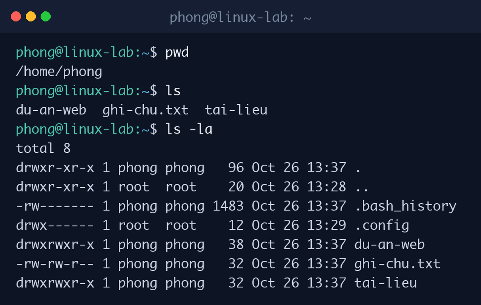 Kết quả lệnh pwd, ls và ls -la khi thực hành các lệnh Linux cơ bản trong terminal Ubuntu