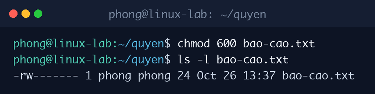 Đặt quyền 600 cho file bằng lệnh chmod dạng số và kiểm tra lại bằng ls -l