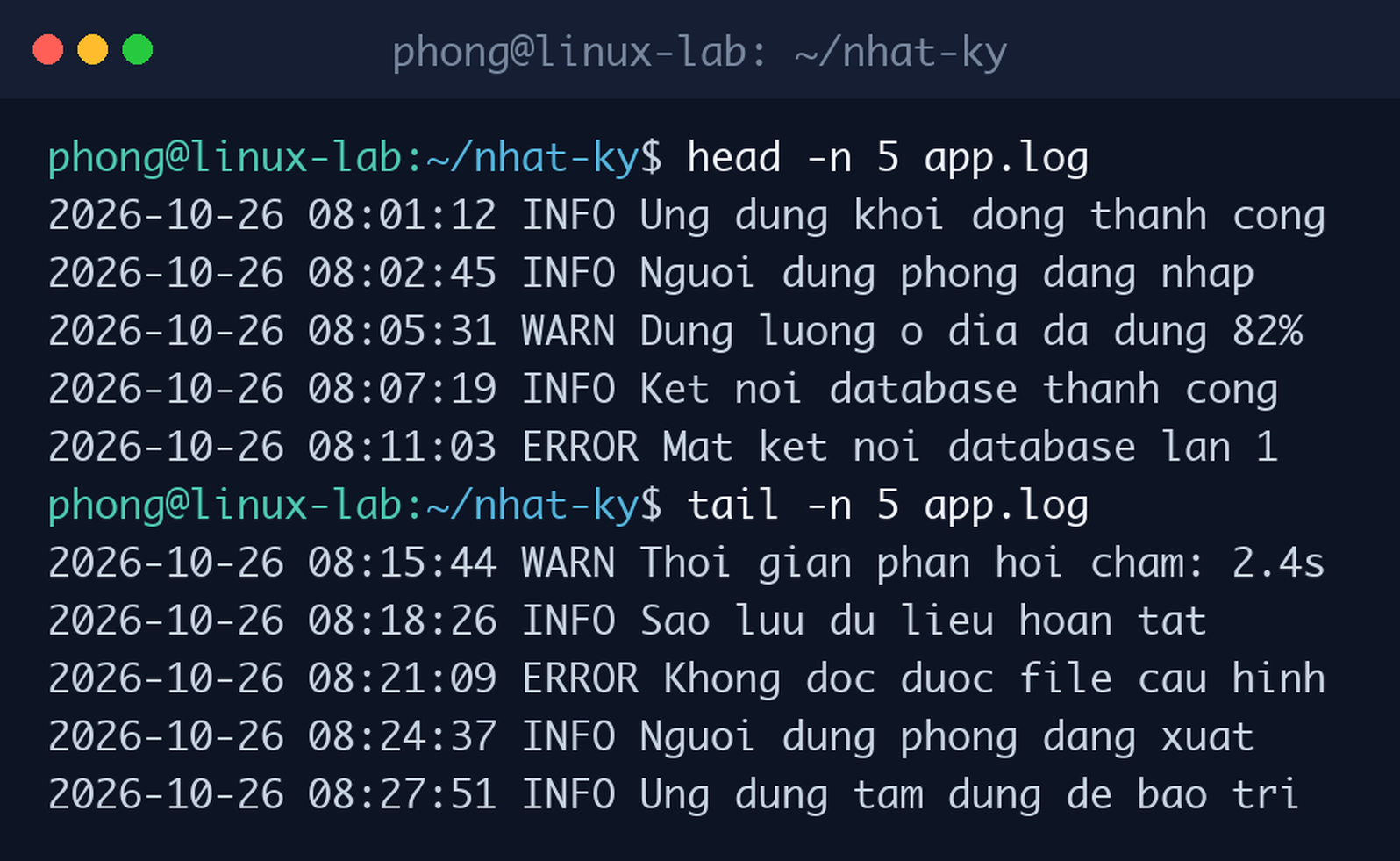 Xem năm dòng đầu bằng head -n và năm dòng cuối bằng tail -n của cùng một file log