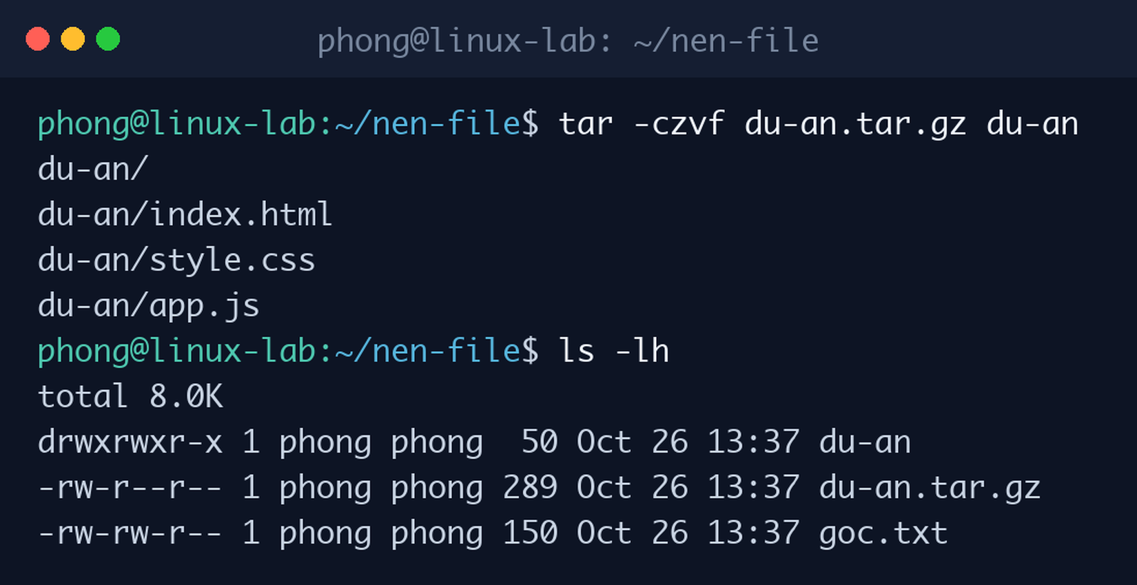 Tạo file nén tar.gz bằng lệnh tar -czvf và xem dung lượng bằng ls -lh
