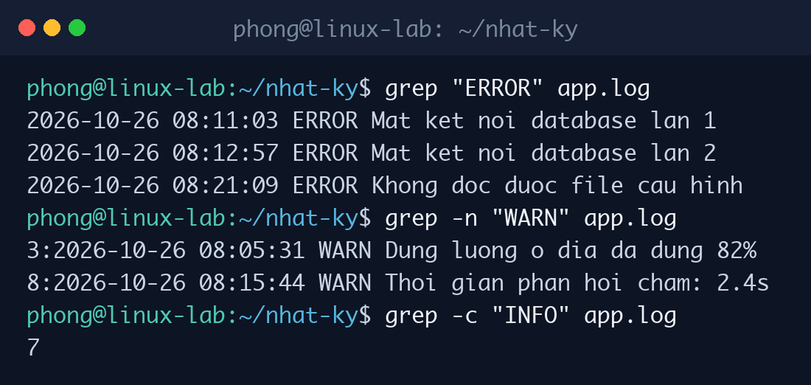 Tìm dòng chứa ERROR bằng grep, đánh số dòng bằng grep -n và đếm số dòng khớp bằng grep -c