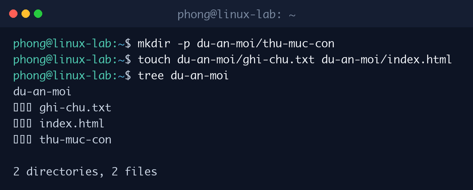Tạo cây thư mục bằng mkdir -p, tạo nhiều file bằng touch và xem kết quả bằng lệnh tree