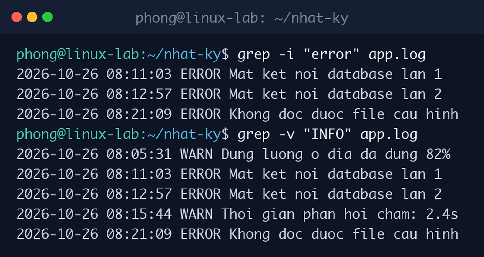 Tìm không phân biệt hoa thường bằng grep -i và loại bỏ dòng INFO bằng grep -v
